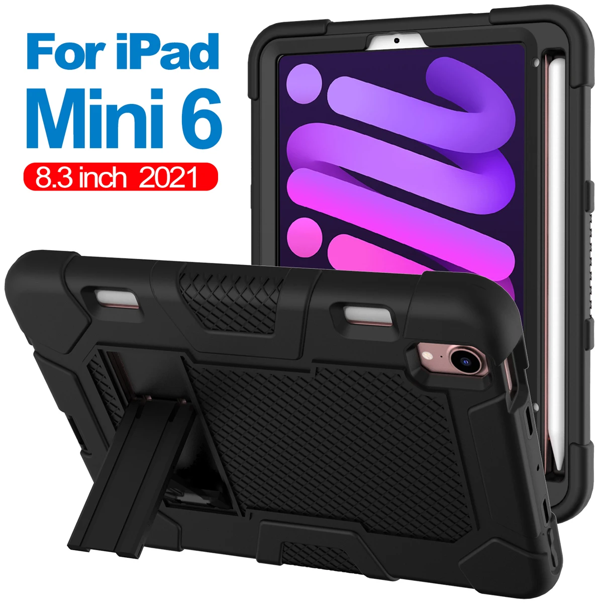

Tablet Case For iPad Mini 6 2021 8.3 Inch Hybrid Armored Silicon Shockproof Rugged Drop Protective Cover with Kickstand