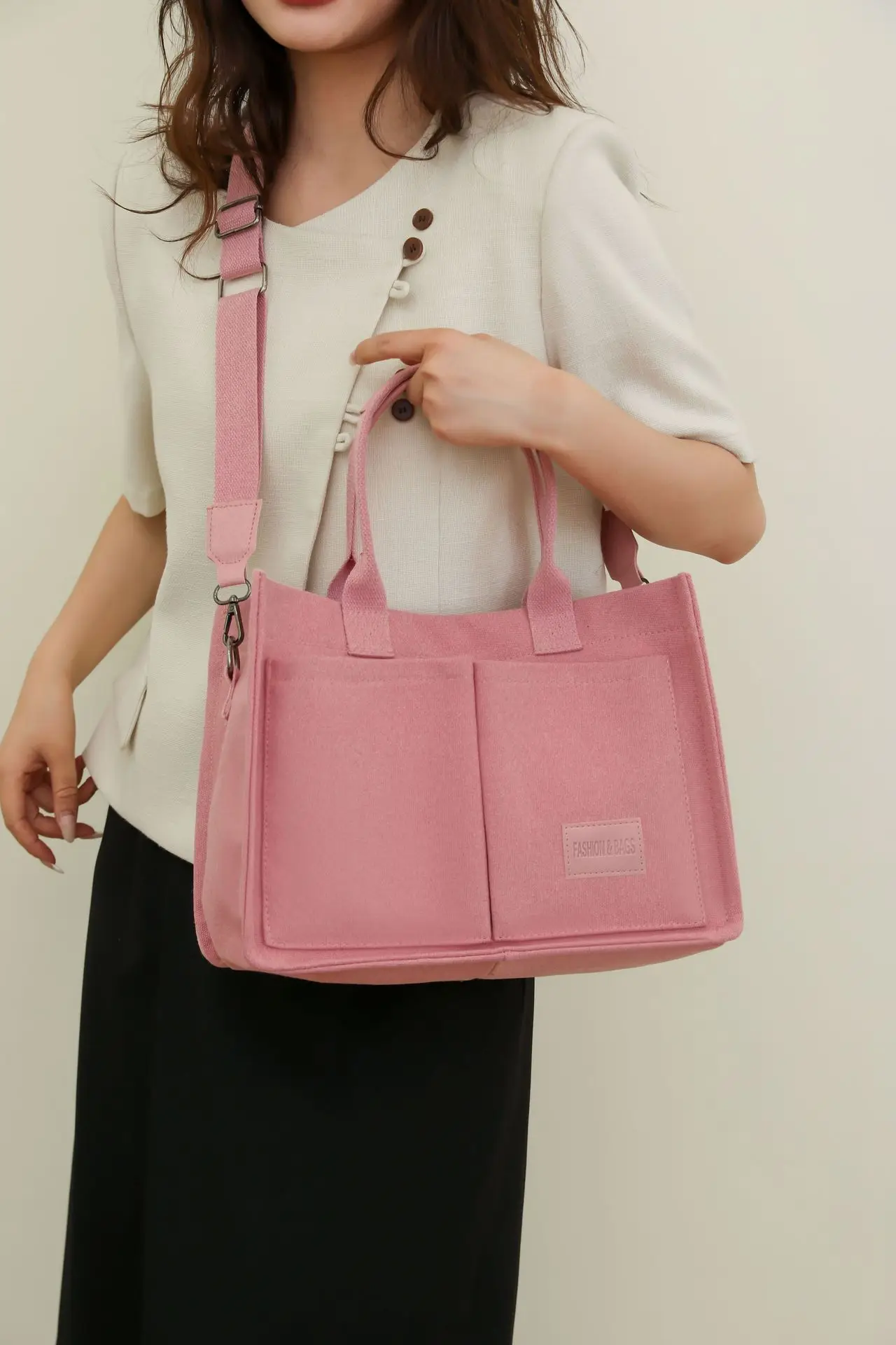 Neu eingetroffene Canvas-Einkaufstasche für Damen mit Taschen, große Umhängetasche, Umhängetasche, Handtasche, alles für die tägliche Arbeit – Detail 7