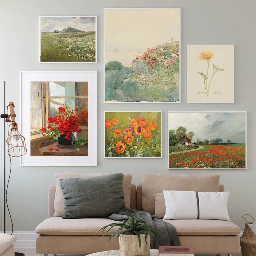 Vintage Primavera Estate Galleria Wall Set California Poppy Prints Flower Field Painting Canvas Poster Wall Art Home Decor Pictures