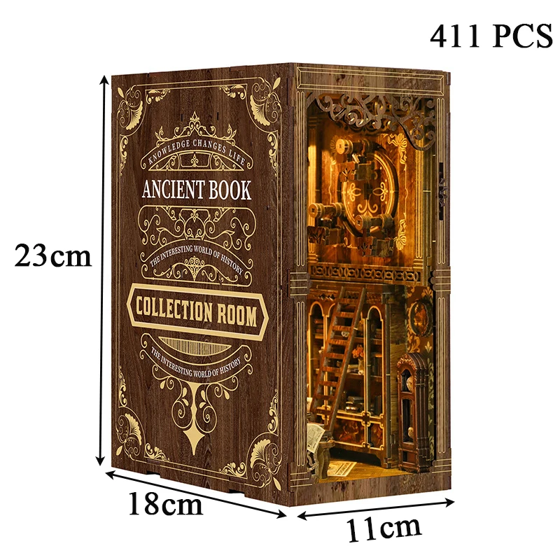 DIY Wooden Antique Book Collection Room Book Nook Shelf Insert Miniature Model Kits With Light Bookshelf Bookend Friends Gifts 6