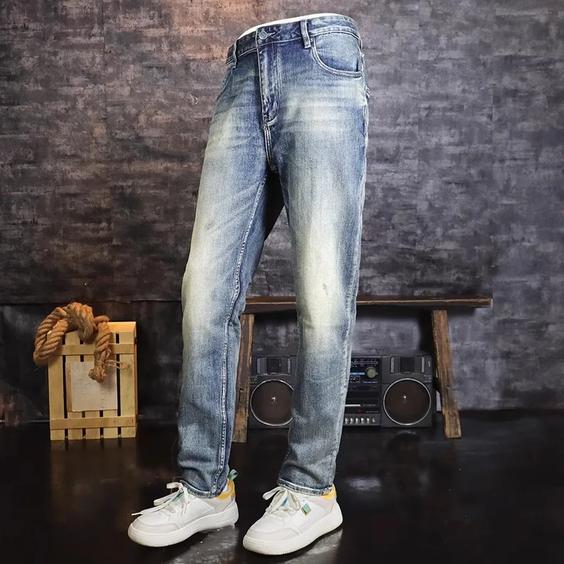 Fashion designer men's slit jeans, high-quality retro washed blue elastic slim fit jeans, men's retro casual denim pants