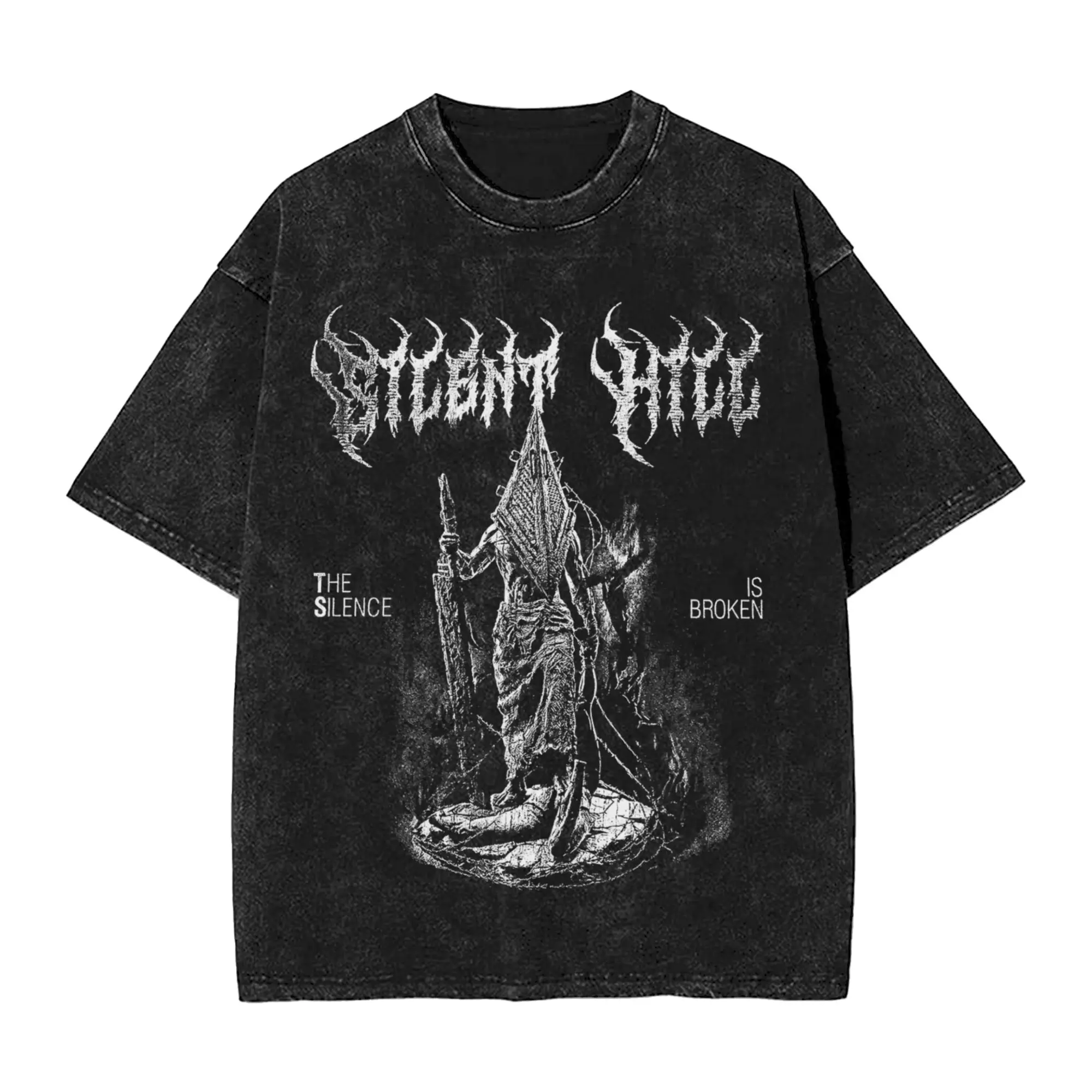 Gewaschene T-Shirts Silent Hill 2 Pyramid Head Vintage 90er Jahre Hip Hop Retro T-Shirts Oversize Streetwear Kurzarm Tops T-Shirts Herren