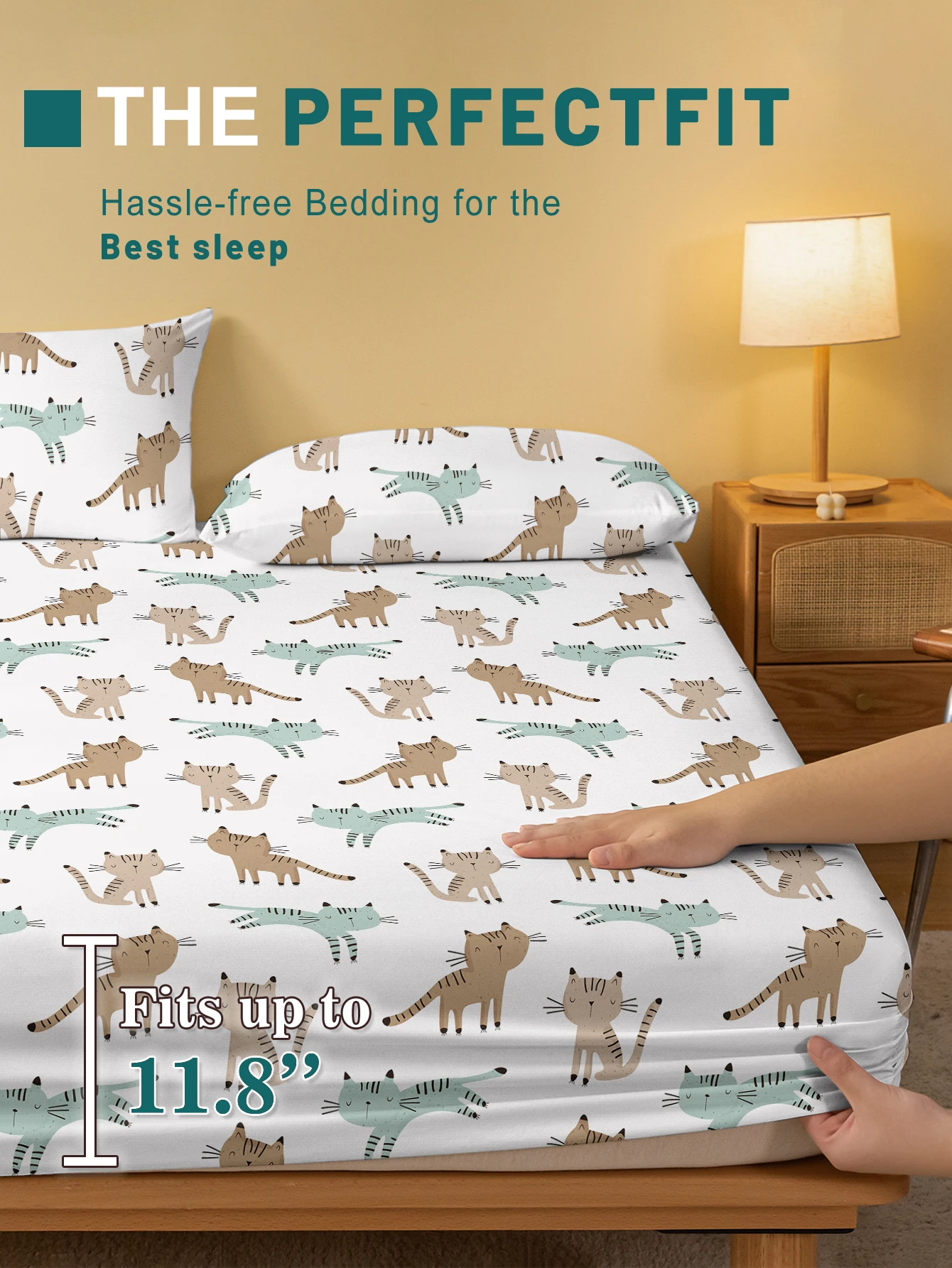 1 Cartoon Cute animal Cat Printed Matte Fitted Sheet, Bedroom Printed Bed Cover, Bedding (Excluding Pillowcases) 3