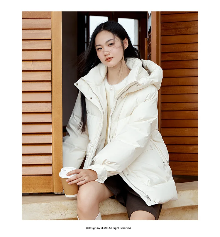 Down Jacket Women Mid-Length Loose Raglan Sleeve Simple Warm Winter Three-Defense Hooded Coat