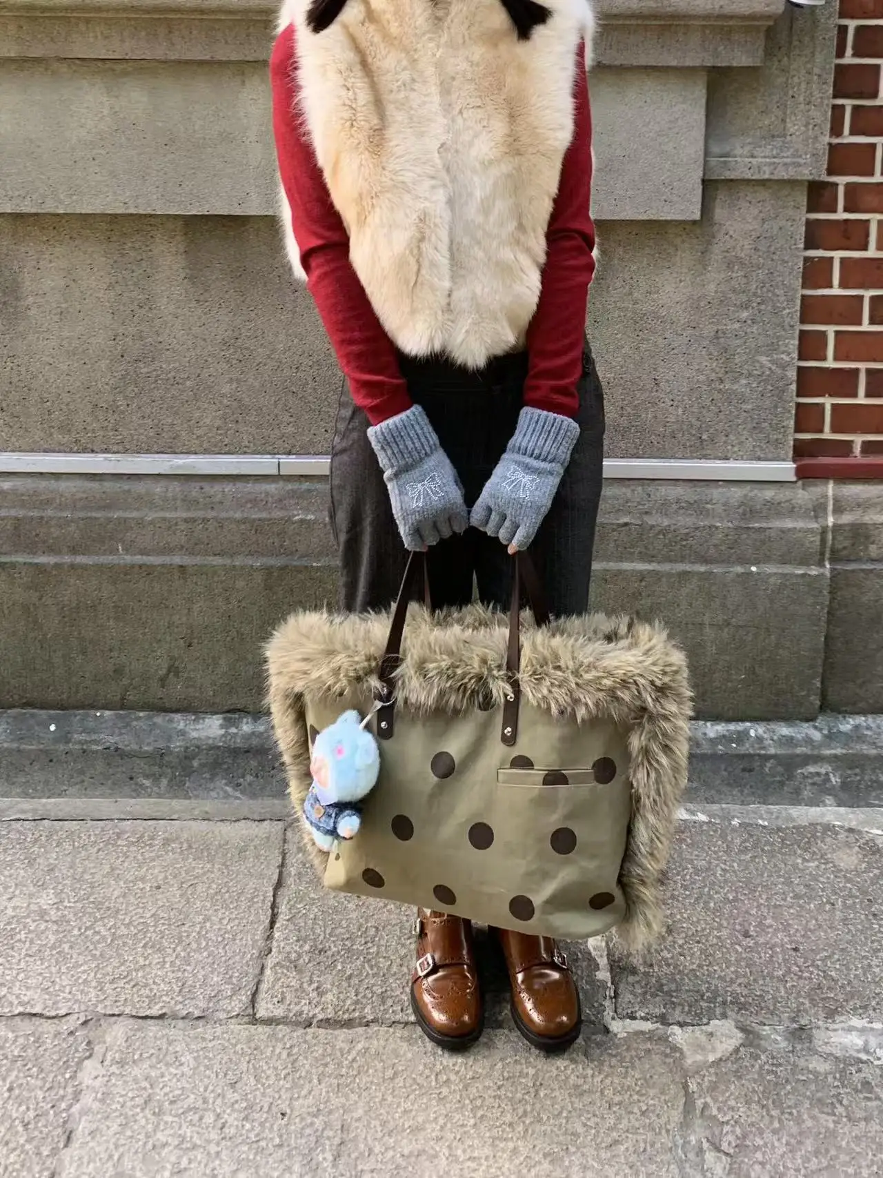 Winter Faux Fur polka dot Tote Bag Women Plush Shoulder Soft Furry Tote Handbag Large Capacity Fluffy Wool Female Shopper Bags