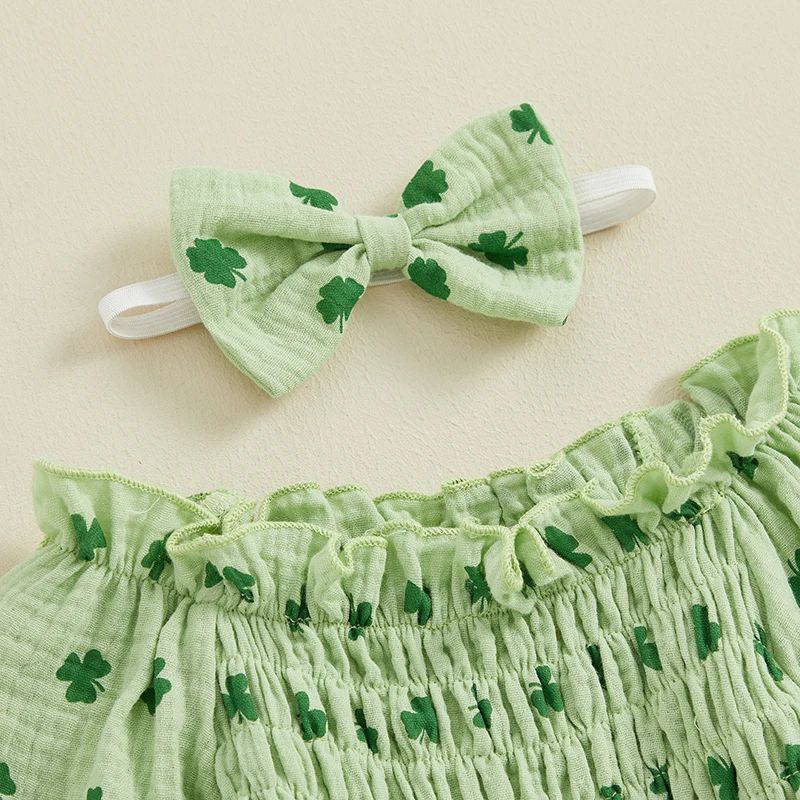 Newborn Girl St Patricks Day Bodysuits Outfit Long Sleeve Off shoulder Shamrock Print Romper with Hairband Baby Jumpsuits 5