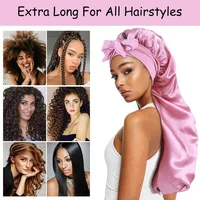 Bonnet de nuit Long en Satin pour femmes noires, couleur unie, Extra Large, avec cravate longue, Bonnet de soins capillaires pour tous les Types de cheveux 4