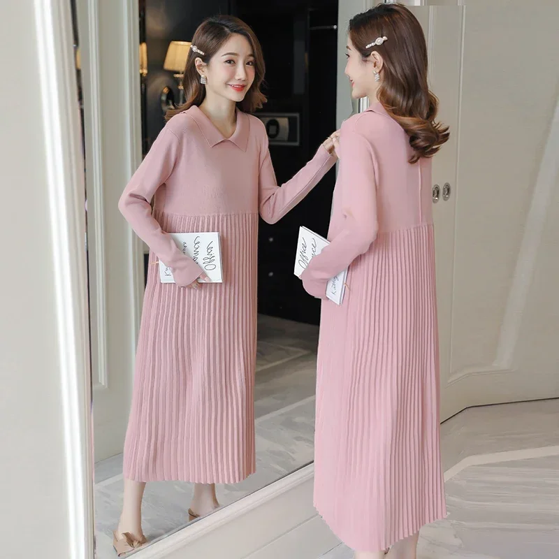 2059# Autumn Winter Thick Warm Knitted Maternity Long Dress Sweet Clothes for Pregnant Women Winter Pleated Pregnancy Sweaters