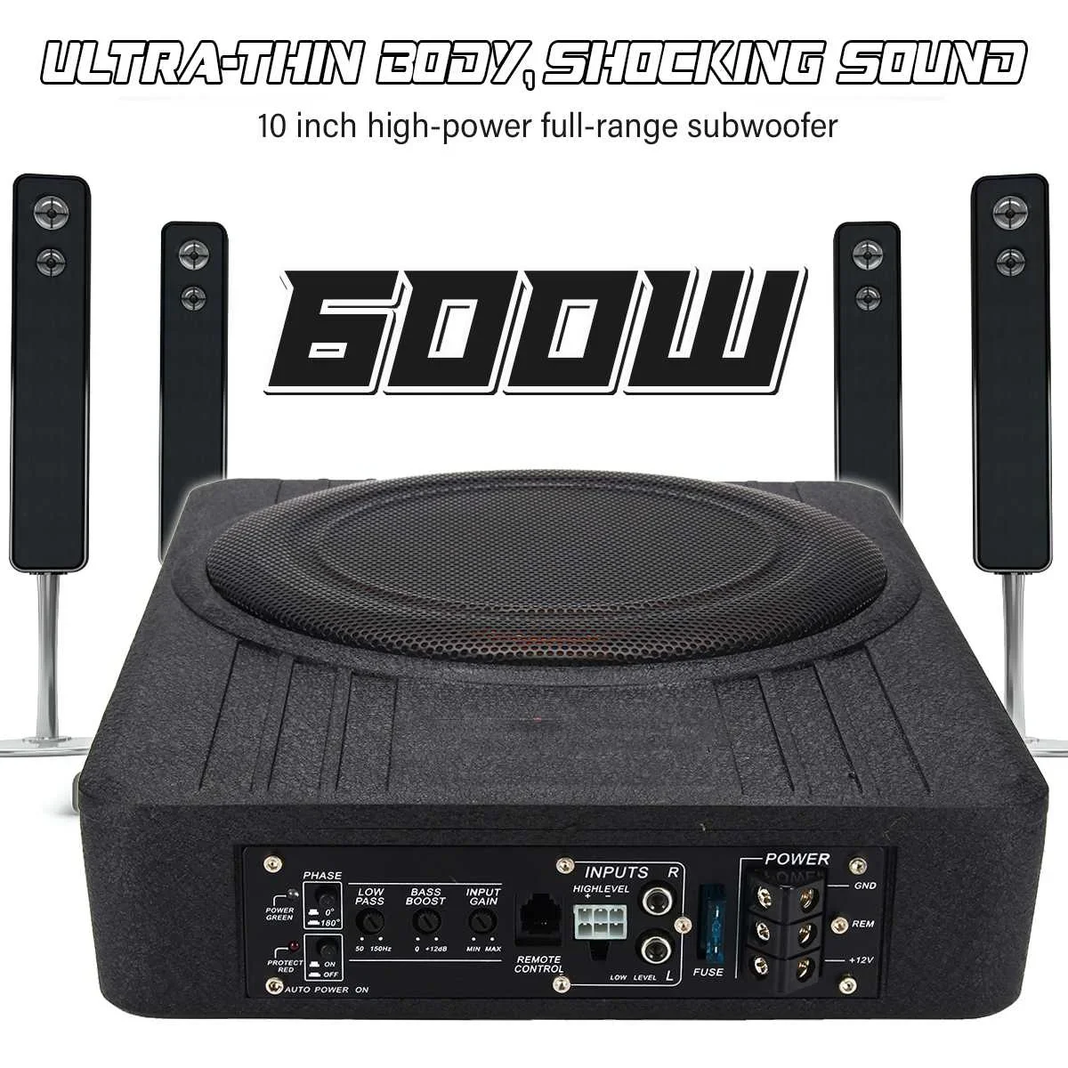 12V 600W Subwoofer Per Auto Car Audio 10 Pollici Sottile Sotto Il Sedile Subwoofer Attivo Amplificatore Per Basso Altoparlante Amplificatore Per Auto 