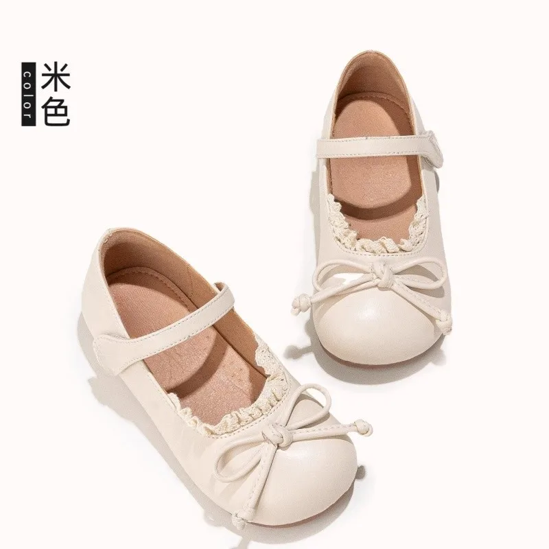 Autumn New Children Elegant Lace Leather Shoes for Girl Princess French Style Sweet Bowtie Fashion Retro Soft Anti-slippery