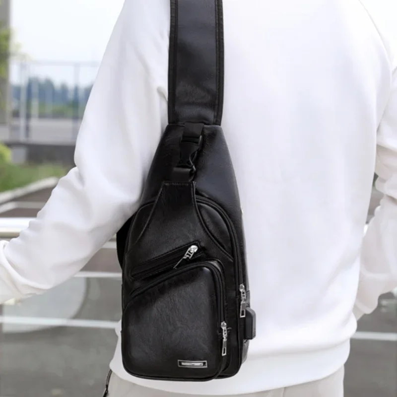 Vintege Solid Color Soft PU Leather Multifunctional USB Charging Mens Chest Bag Zipper Shoulder Crossbody Bags for Men Daily Use