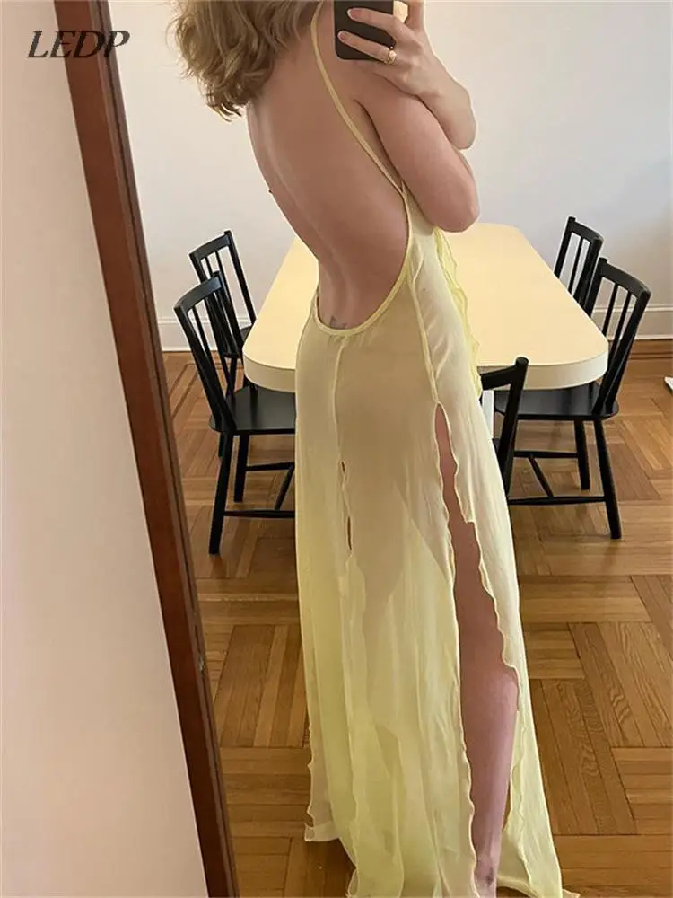 

Сексуальное Сетчатое прозрачное длинное платье Fairycore женское платье с разрезом и оборками Y2K сарафан с открытой спиной женское пляжное богемное накидка Vestido