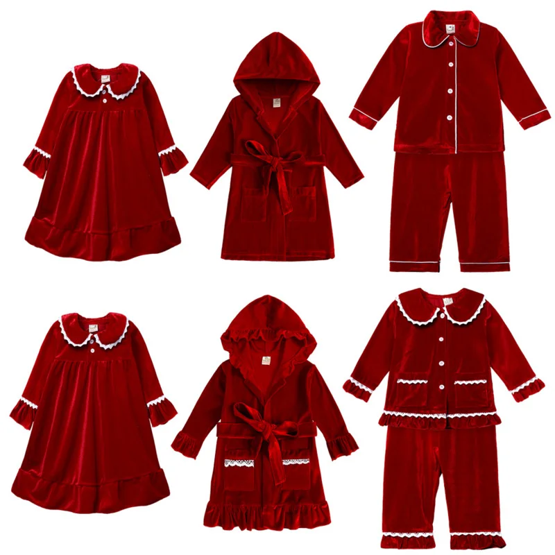 New Kids Children Family Christmas Golden Velvet Pyjamas Red Boy Girl Dress Match Clothes Personalized Xmas Gift Costume