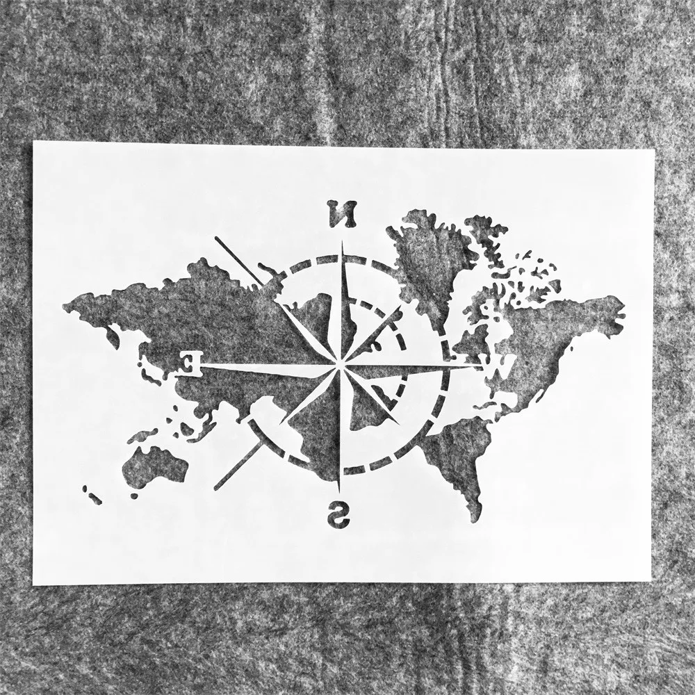 A4 29cm World Map Compass DIY Layering Stencils Wall Painting Scrapbook Coloring Embossing Album Decorative Template
