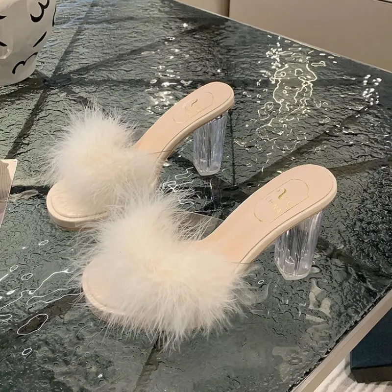 NEW Summer Woman Pumps Transparent Feather Perspex Crystal High Heels Fur Peep Toe Mules Slippers Ladies Slides Sexy Shoes New