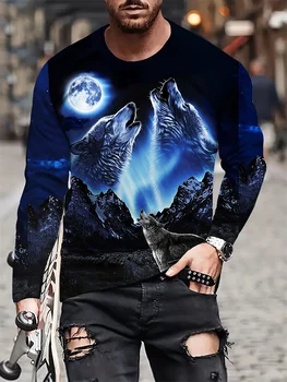 T-shirt a maniche lunghe da uomo con stampa animalier Primavera e autunno T-shirt a maniche lunghe da uomo casual quotidiana con stampa lupo 3D 1
