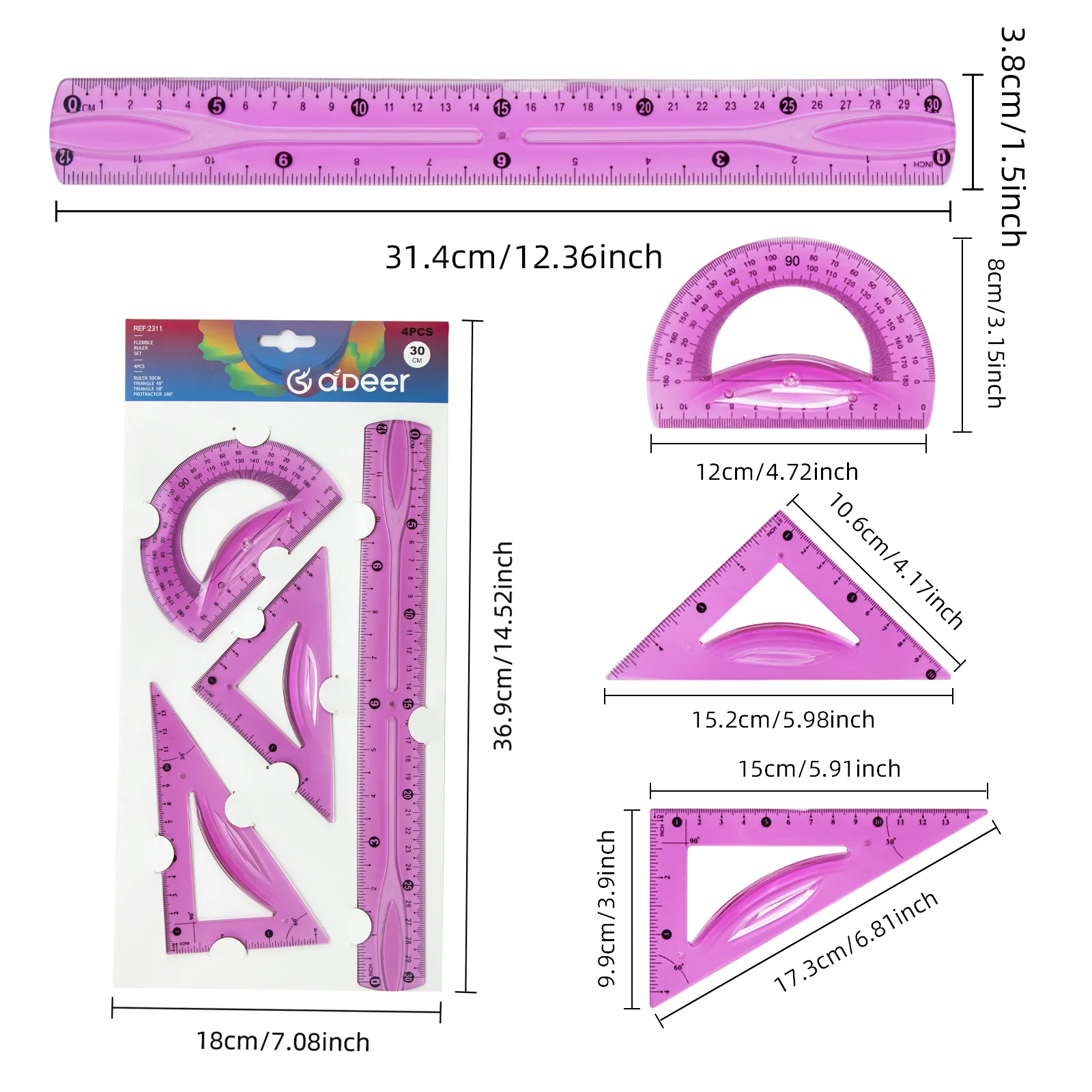 30cm 투명 소프트 자 세트 - 4개, 삼각형과 각도기 포함, 다양한 색상, 측정 및 그림 그리기에 이상적