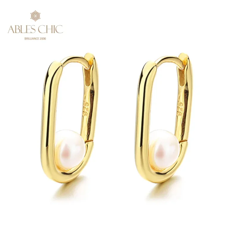 

AC Freshwater Pearls 4-4.5mm Accent U Shape Hoops High Polished 18K Gold Tone Solid 925 Silver Huggie Earrings PE1013