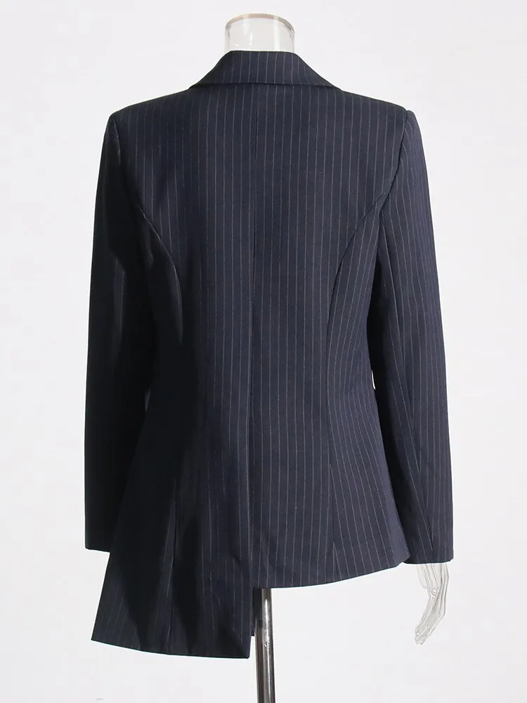 BPN Asymmetrical Striped Blazer For Women Notched Collar Long Sleeve Hit Color Spliced Buttons Temperament Blazer Female Fashion
