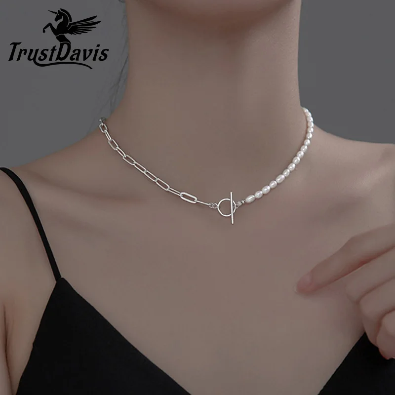 

TrustDavis Luxury 925 Sterling Silver Fashion Freshwater Pearl Chian Clavicle Necklace For Women Valentine's Day Jewelry DA2321