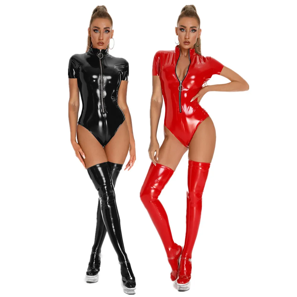 

Sexy Front Zipper Faux Leather Wet Look Catsuit PVC Latex Bodysuit Lingerie Clubwear Fetish Hot Womens Erotic Pole Dance Set