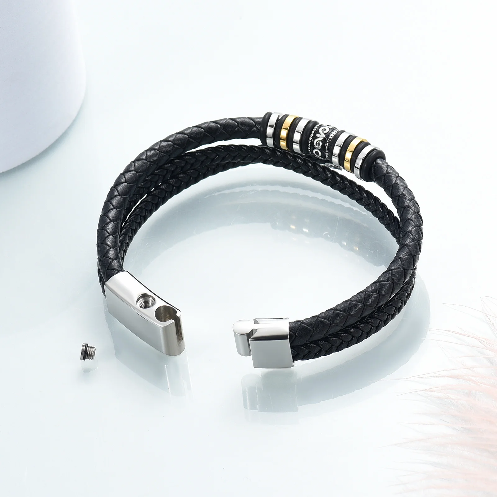 Cremation Jewelry Braided Leather Urn Bracelet for Ashes for Men Boys Mens Handmade Braided Rope Double-Row Keepsak Urn Bracelet