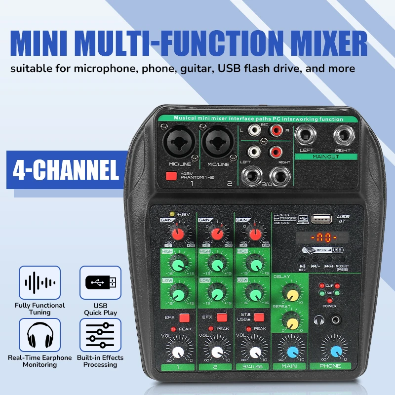 전문가용 미니 오디오 믹서 ? USB 인터페이스가 있는 4채널 휴대용 DJ 사운드 보드, PC/Mac 녹음 및 팟캐스팅에 호환 가능