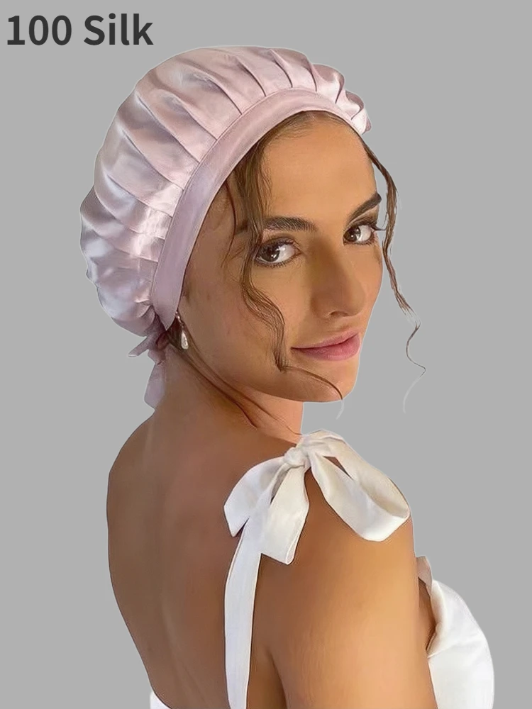 Luxury 100% Silk Cap For Sleeping Natural 19 Momme Mulberry Silk Night Bonnets Pure Silk Turban Hat Sleep Hood Beanie For Women 3