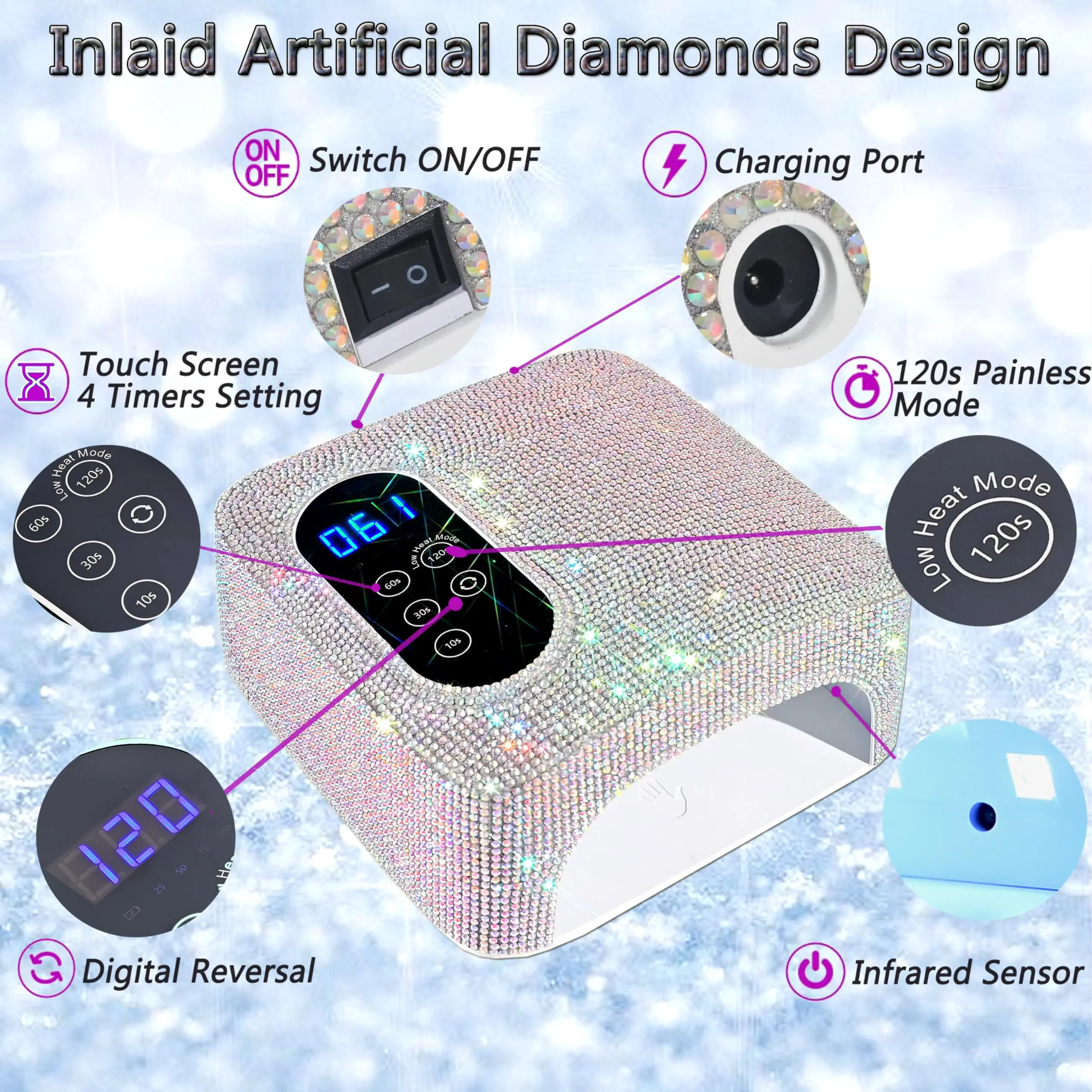 Rechargeable UV LED Nail Lamp 72W Wireless Nail Dryer with Crystals Professional UV Cabin for Gel Nails Dryer Manicure Lamp 2