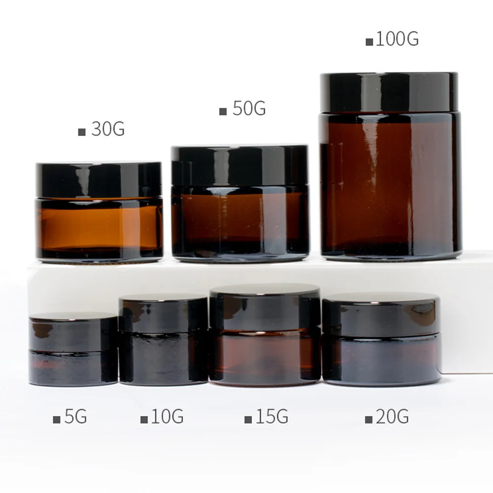 5ml 10ml 15ml 20ml 30ml 50ml Capacity Refillable brown&amber round shape glass cream bottle with plastic cap