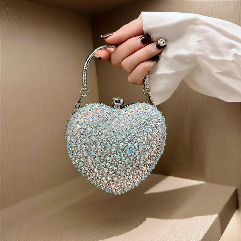 Diamond Inlay Heart Shape Crystal Clutch Purse Stones Evening Wedding Party Shoulder Bags Handle Rhinestone Mini Handbags