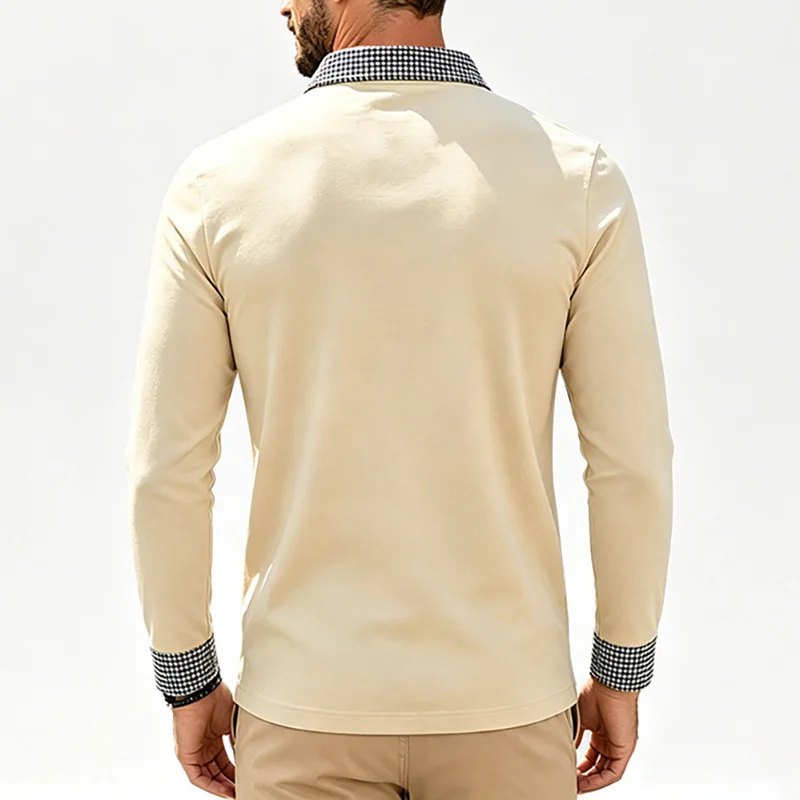 Polo da uomo a maniche lunghe con risvolto a quadri a contrasto, vestibilità regolare, per tutti i giorni, ufficio, affari, weekend, viaggi, casual, streetwear, top basic - immagine 3