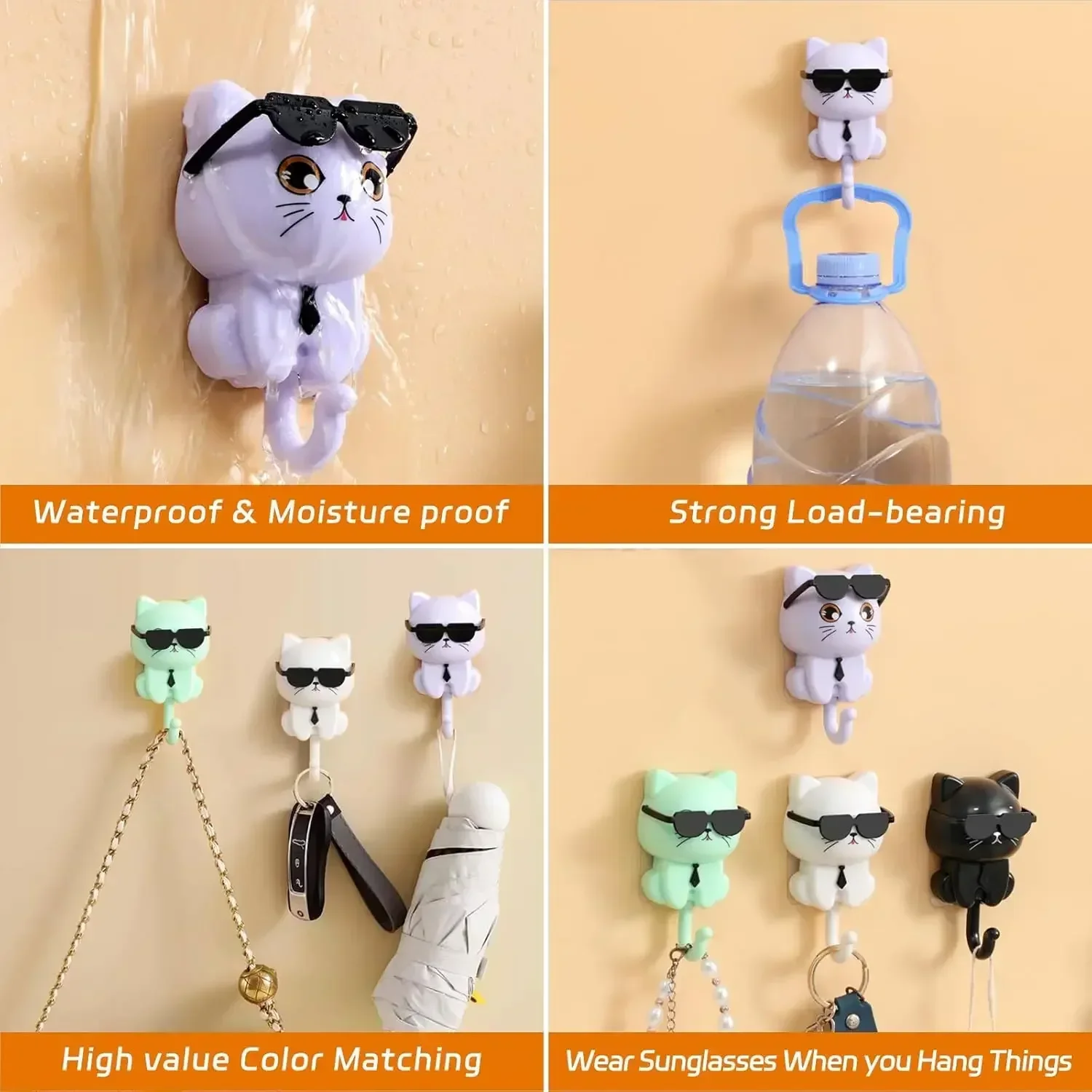 4pcs Kitten Hooks Cartoon Cats Wall Hook Wall Hanging Hanger Rack Key Holder Home Storage Utility Wall Decoration for Clothe Hat 3