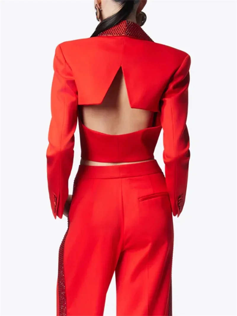 

Sexy Formal Women Pant Suit Set Luxury Crystal Lapel Red Black Hollow Business Work Wear 2 Piece Short Blazer Jacket And Trouser
