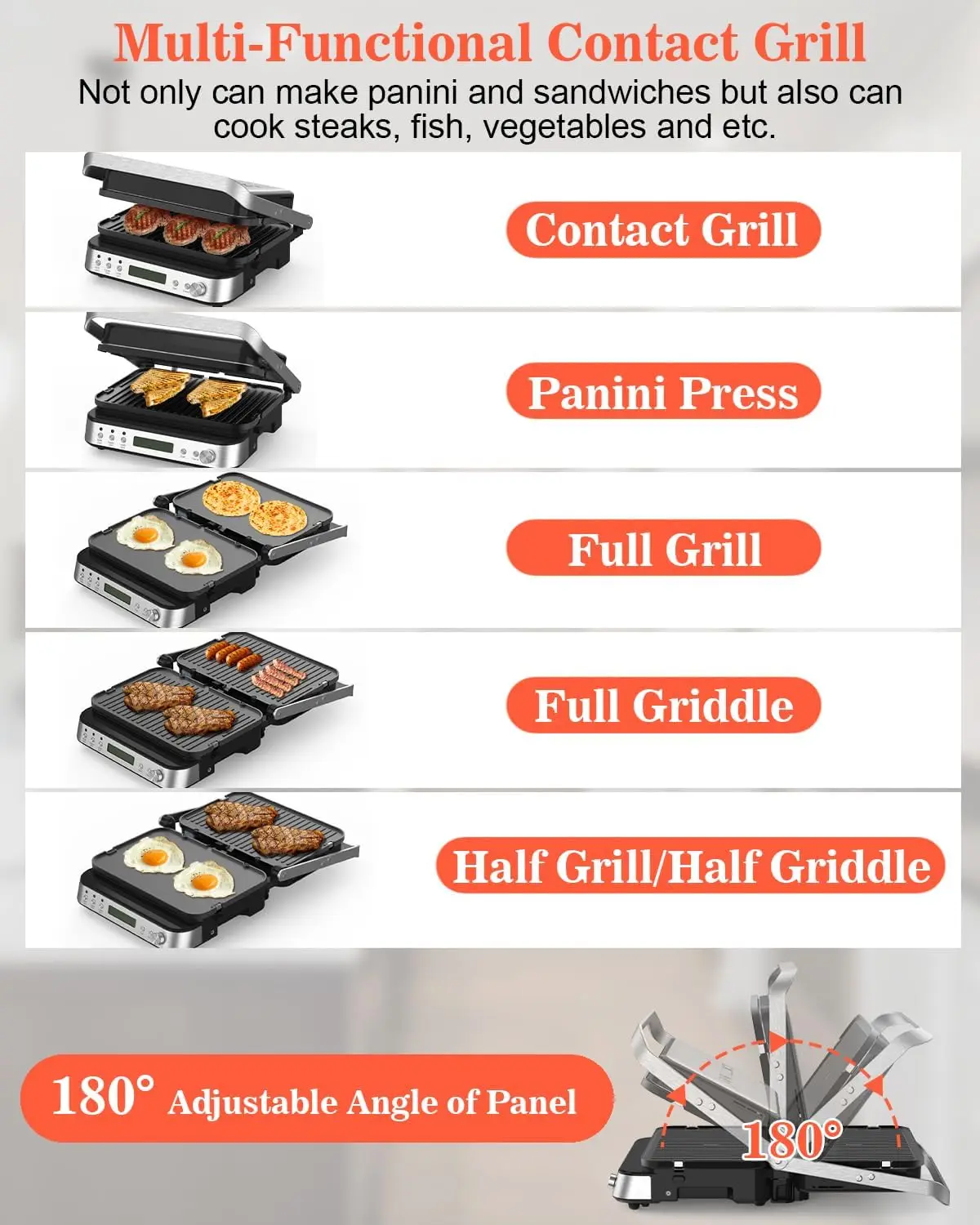 Press Grill Sandwich Maker with Removable Plates, 5 in 1 Smokeless Indoor Grill & Griddle with Meat Thermometer, CATTLEMAN CUISI 6