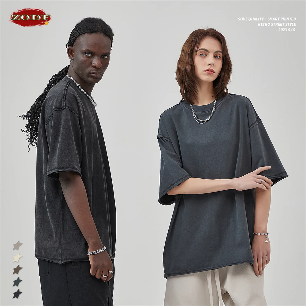 ZODF 2023 Men Loose Edge Washed Cotton T Shirts Retro Unisex