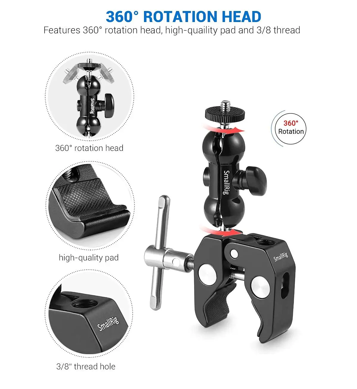 Super Clamp with 1/4 and 3/8 Thread 2pcs Pack For 15mm-44mm Rods Cameras Lights