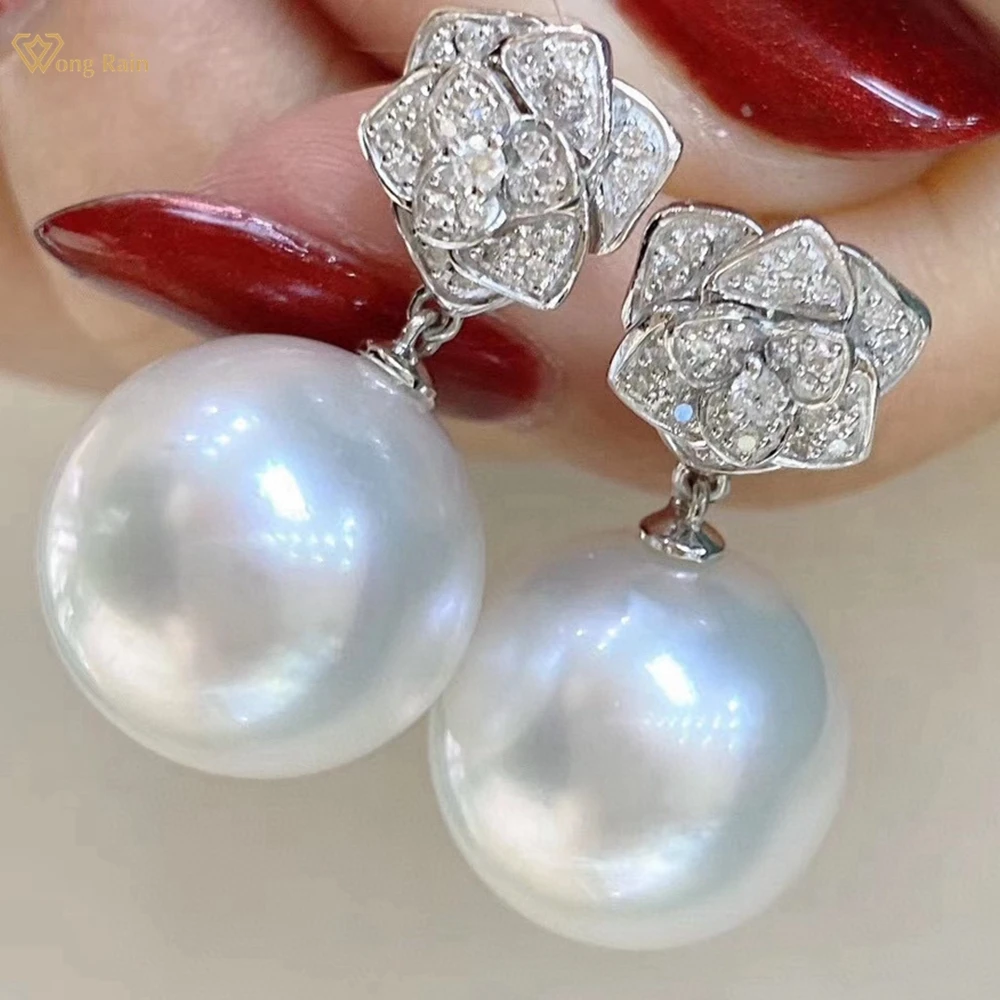 Wong Rain Elegant 18K Gold Plated 925 Sterling Silver 8-12MM Natural Pearl Gemstone Flower Drop Earrings Customized Fine Jewelry