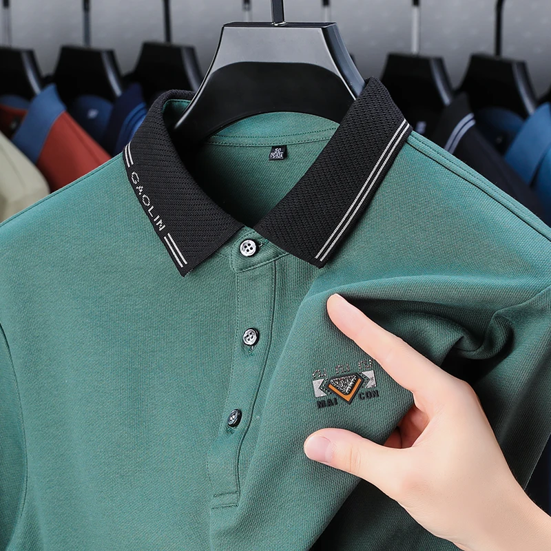 

High end men'slong sleeved polo shirt Exquisite printing 2023 autumn lapel fashionable hot selling diamond inlaid casual T-shirt