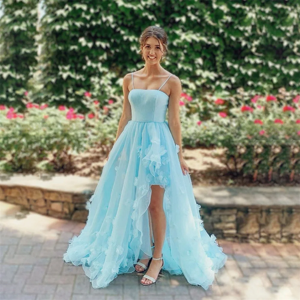 

Lily Lovely Spaghetti Strap Evening Dresses Blue A-Line Charming Prom Dress Lace Party Dress With High Split vestidos de noche
