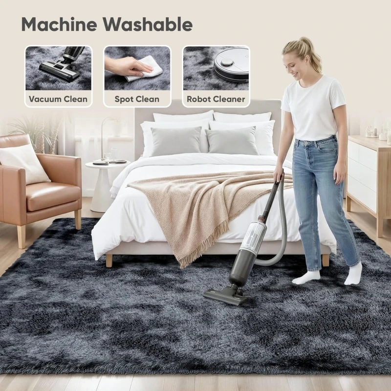 Luxurious Grey Tie-Dye Shaggy Fluffy Rug - Ultra Soft Non-Slip Plush Carpet
