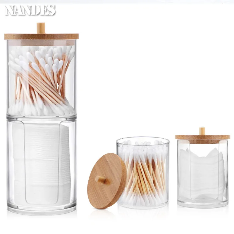 Acrylic Storage Box Bathroom Jar Makeup Organizer Cotton Round Pad Holder Cotton Holder Dispenser with Bamboo Lid Clear Plastic 2