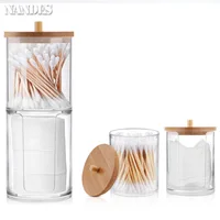 Acrylic Storage Box Bathroom Jar Makeup Organizer Cotton Round Pad Holder Cotton Holder Dispenser with Bamboo Lid Clear Plastic 2