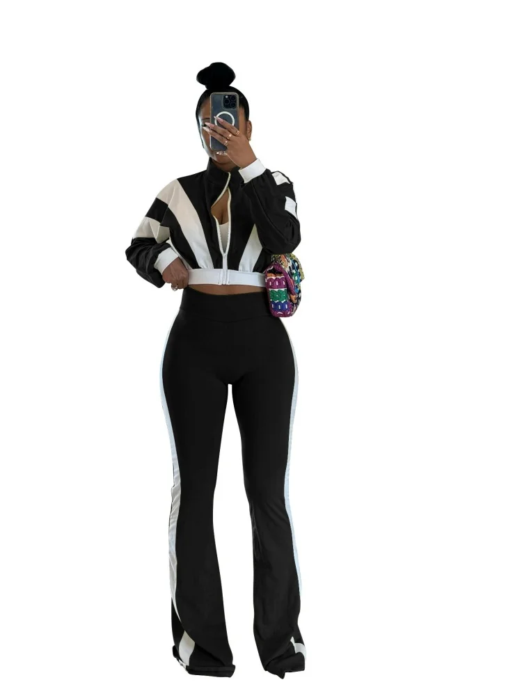 Wmstar Two Piece Set Women Wholesale New Style Color Block Design Form Fitting Flared Pants Long Sleeved Casual Summer 2025