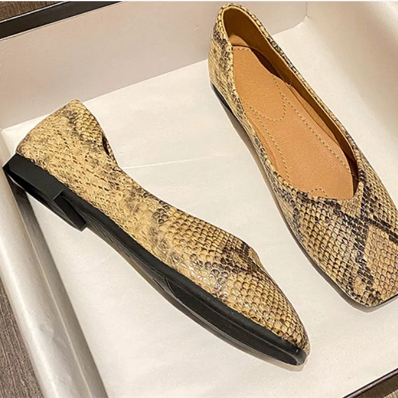 Lady Yellow Snake Texture Flats Square Toe Low Top Soft Shoes Comfortable 35-40 Plain Mixed Colors Outdoor Daily Leisure Slip-On