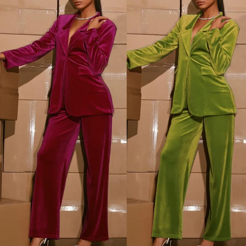 Women's Velvet Long Sleeve Suit Coat & Casual Pants Set Temperament Commuting Fashion Two Piece Set Women Elegant Blazers Sets