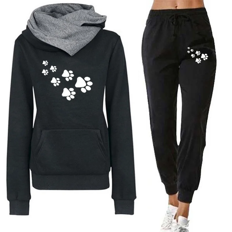 

Womens Tracksuit Outfits Autumn Winter Hooded Sweatshirt +Black Sweatpants High Quality Ladies Daily Casual Warm 2 Piece Set