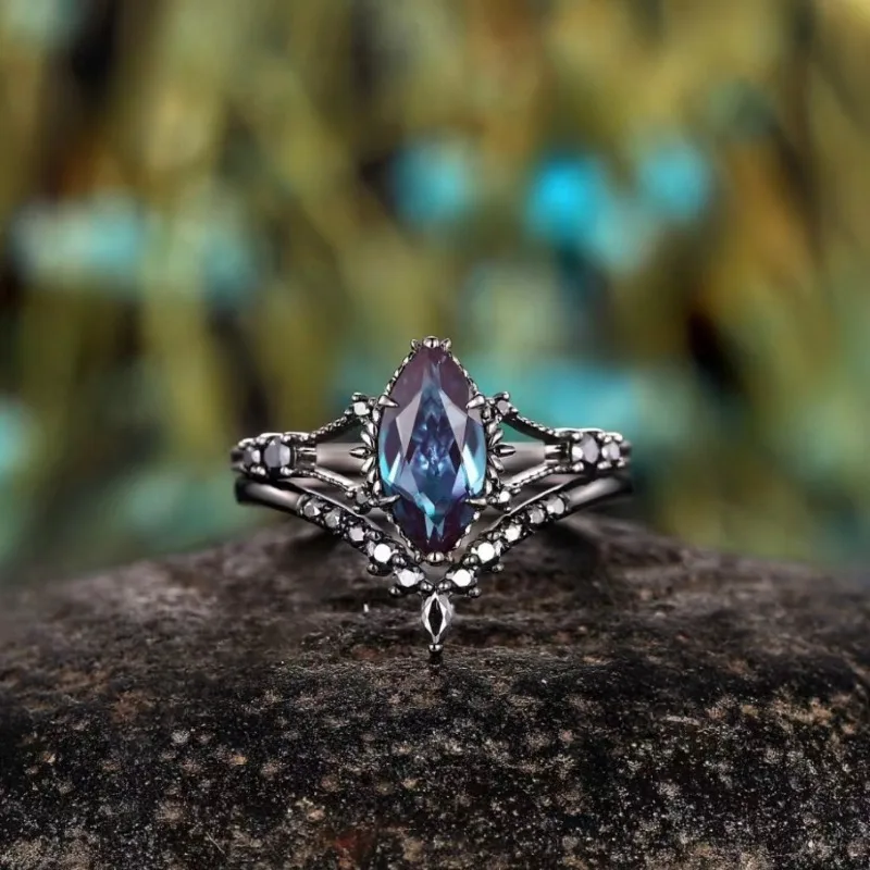 Attractive Inlaid with Blue Stone Black Color Oval Rings Set Fashion Party Rings for Women Jewelry 2