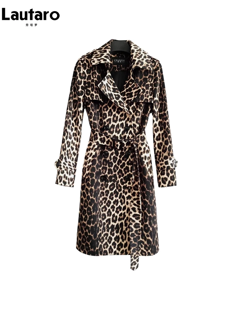 Lautaro Spring Autumn Long Stylish Leopard Print Trench Coat
