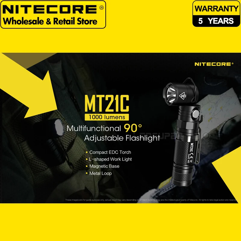 

L-Shaped Work Light Nitecore MT21C 1000 Lumens Compact EDC Torch 90 Angle Adjustable Flashlight with Magnetic Base